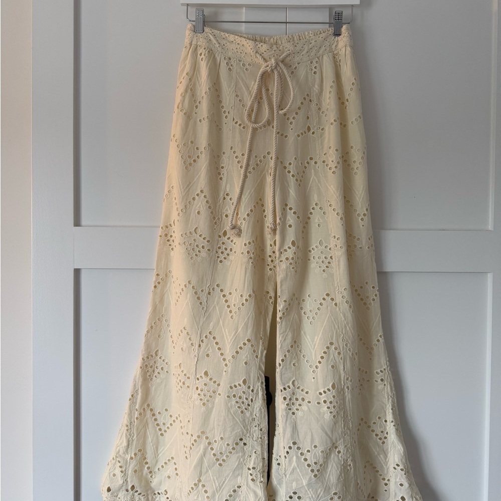 Free People Cream Eyelet Wide-Leg Pants